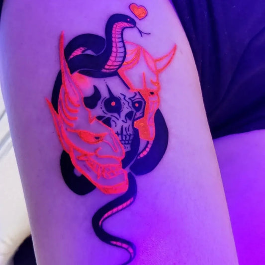 Medium Neon Light Oni Mask Snake Skull on Women Arm Tattoo by @trueloveart