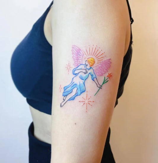 Medium Neotraditional Angel with Rose and Halo on Women Arm Tattoo by @loyu_art