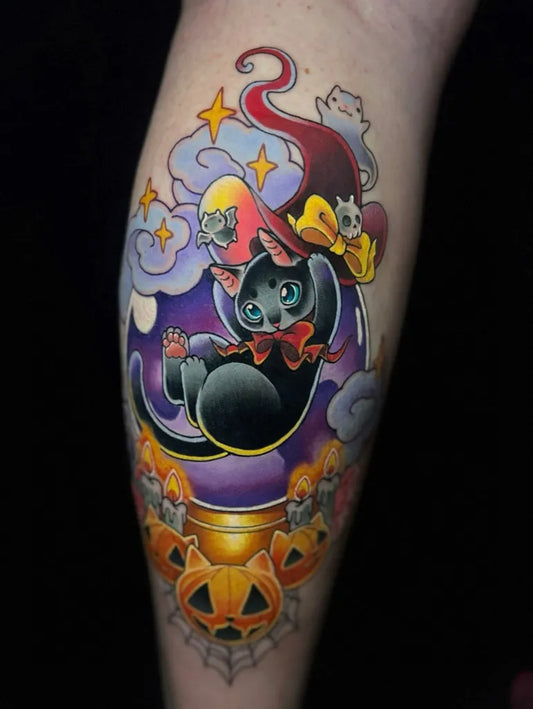 Medium Neotraditional Black Cat Witch Halloween Tattoo on Women Leg by @naaat.j