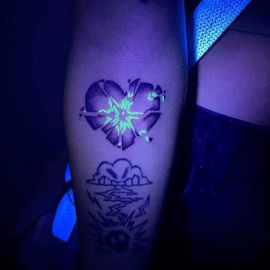 Medium Neotraditional Broken Heart Cloud Lightning on Women Leg Tattoo by @art_rush.ink