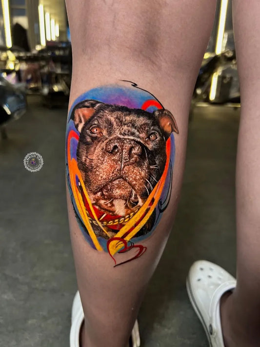 Medium Neotraditional Bulldog Portrait on Women Thigh Tattoo by @inkeduptattooparlour_sanur