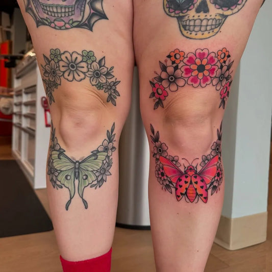Medium Neotraditional Butterfly and Flower Wreath Tattoo on Women Knee by @scaley_j