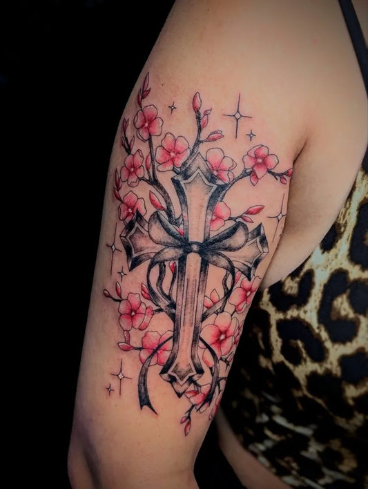 Medium Neotraditional Cross Cherry Blossoms on Women Shoulder Tattoo by @tots.tats