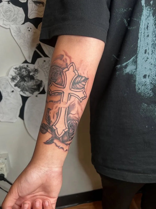 Medium Neotraditional Cross Roses on Women Arm Tattoo by @tonyjtattoos