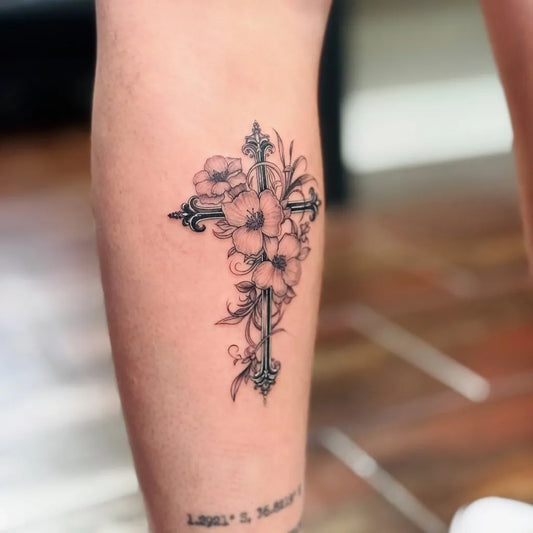 Medium Neotraditional Cross with Flowers on Women Leg Tattoo by @inkbymystifier