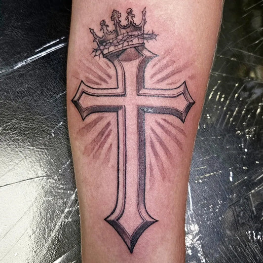 Medium Neotraditional Crowned Cross on Men Arm Tattoo by @holub.michael