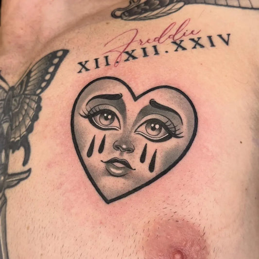 Medium Neotraditional Crying Heart on Men Chest Tattoo by @babyknowles