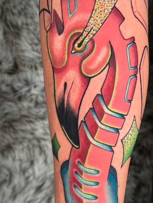 Medium Neotraditional Flamingo Tattoo on Women Arm by @joshmuzzy_tattoos