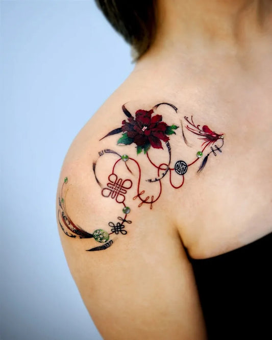 Medium Neotraditional Floral and Fenghuang Tattoo on Women Shoulder by @hwyl.tattoo