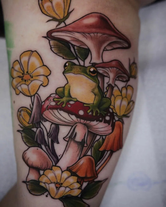 Medium Neotraditional Frog Mushroom Flower Nature Tattoo on Women Thigh by @nadja_mae_tattoo