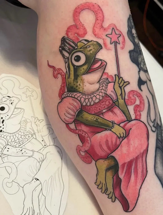 Medium Neotraditional Frog Princess Tattoo on Women Thigh by @gold_daggertattoo