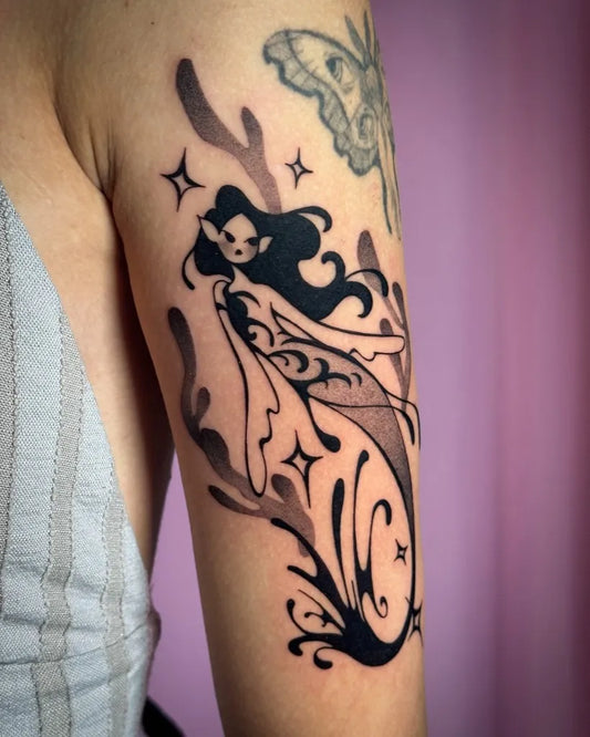 Medium Neotraditional Mermaid Fairy Tattoo on Women Arm by @cleanbean.inks