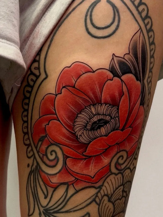 Medium Neotraditional Peony Mandala on Women Thigh Tattoo by @edyta.k.k