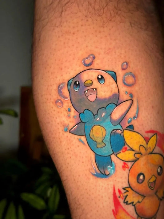 Medium Neotraditional Piplup and Chimchar Tattoo on Men Arm by @don_liite