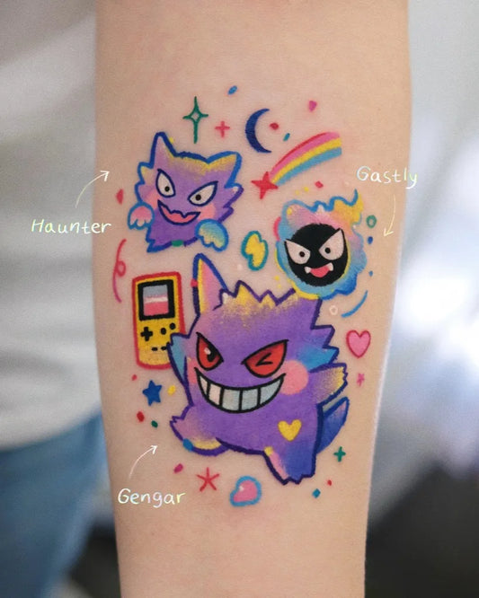 Medium Neotraditional Pokemon Gastly Haunter Gengar Tattoo on Women Arm by @im________cat