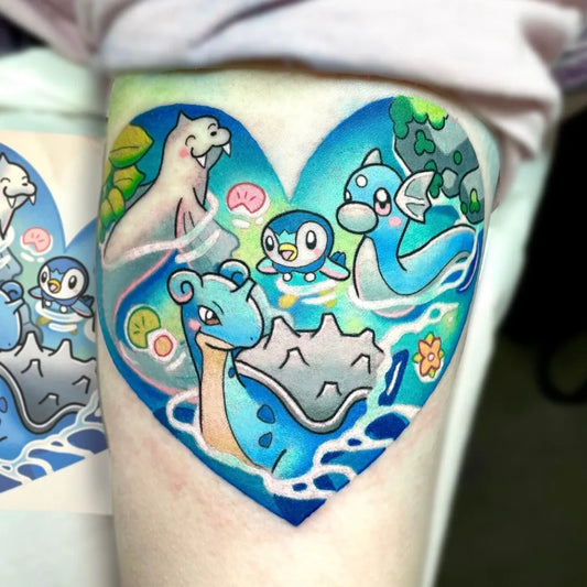 Medium Neotraditional Pokemon Heart Frame Tattoo on Women Arm by @plus.ultra.tattoo