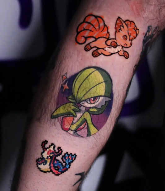 Medium Neotraditional Pokemon Trio Tattoo on Men Arm by @honeyblt