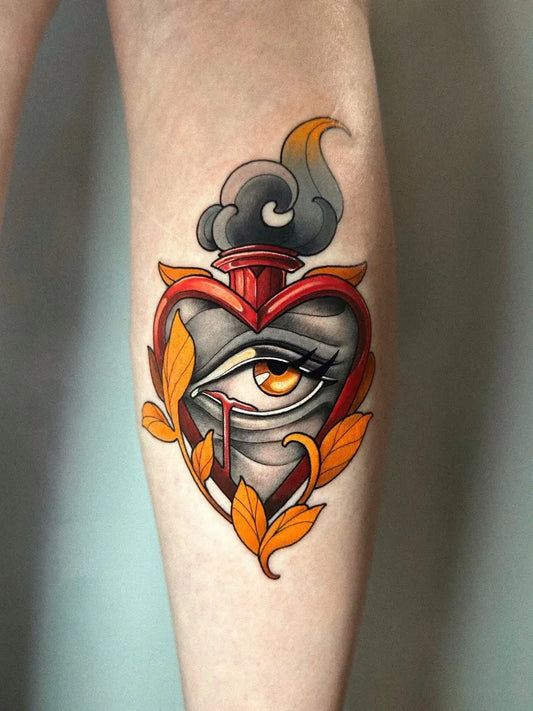 Medium Neotraditional Sacred Heart on Women Leg Tattoo by @tattooigolka