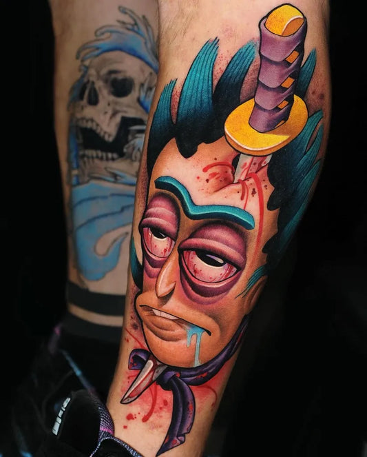 Medium Neotraditional Samurai Mask with Dagger Cartoon Tattoo on Men Leg by @klark_tattoo