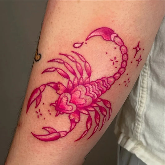 Medium Neotraditional Scorpion with Hearts on Women Arm Tattoo by @razzledazzletattoo