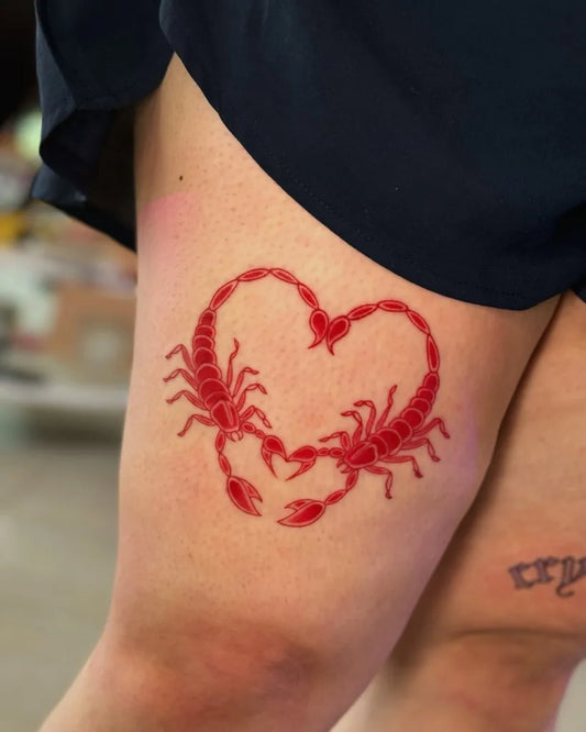Medium Neotraditional Scorpions Heart on Women Thigh Tattoo by @glitterpoops_