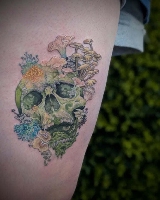 Medium Neotraditional Skull Mushrooms on Women Thigh Tattoo by @artfulink.perth