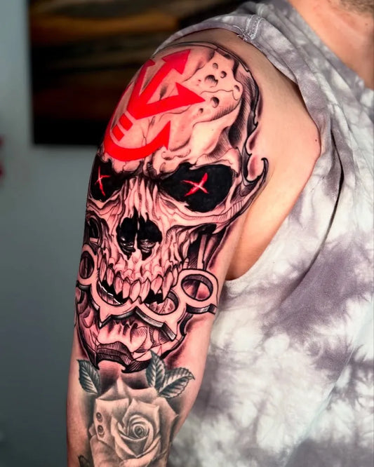 Medium Neotraditional Skull Rose Chain on Men Arm Tattoo by @jconly.usa
