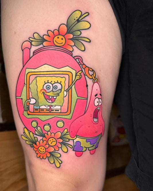 Medium Neotraditional SpongeBob Tamagotchi Patrick Cartoon Tattoo on Women Arm by @omi.zhong