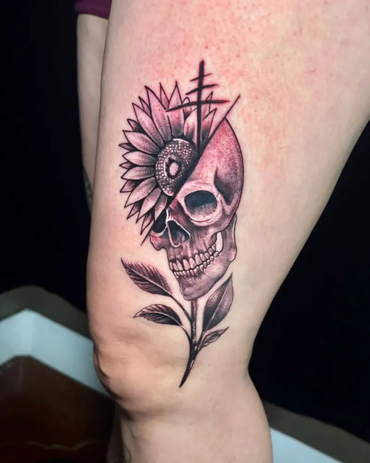 Medium Neotraditional Sunflower Skull Cross on Women Thigh Tattoo by @oldsoulsink