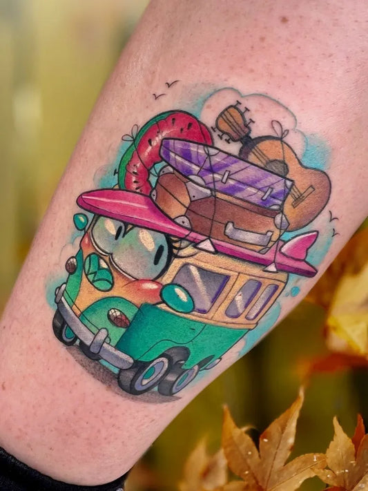 Medium Neotraditional VW Bus Watermelon Surfboard Cartoon Tattoo on Women Thigh by @petjaevlogieva
