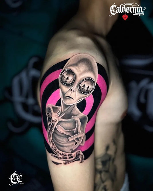 Medium New School Alien Tattoo on Men Shoulder by @californiainktattoobangkok