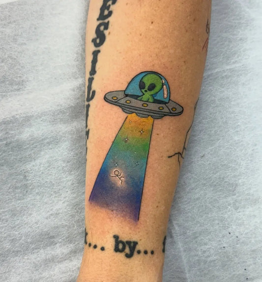 Medium New School Alien UFO Tattoo on Women Arm by @yesart101