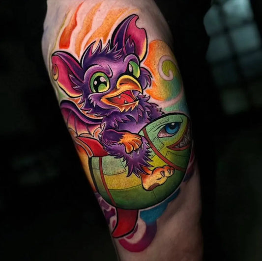 Medium New School Bat Riding Fish Tattoo on Men Arm by @mercyinktattoo