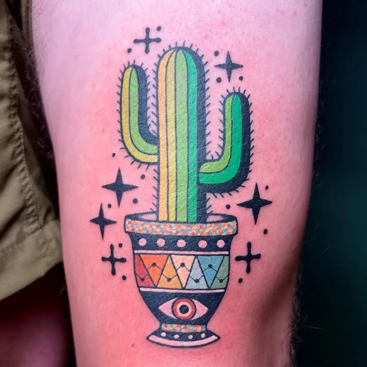 Medium New School Cactus in Pot Tattoo on Men Arm by @derykwebb