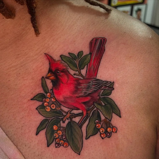 Medium New School Cardinal Branch Tattoo on Women Shoulder by @annasylvantattoos