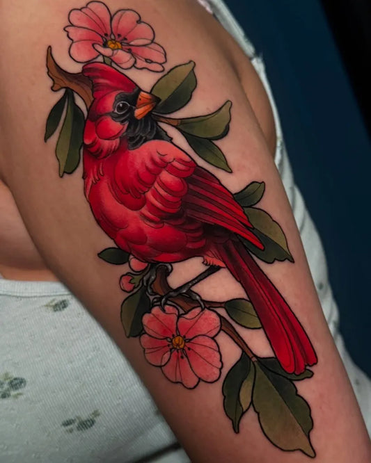 Medium New School Cardinal and Flowers Tattoo on Women Arm by @mark_ofthe_gemini