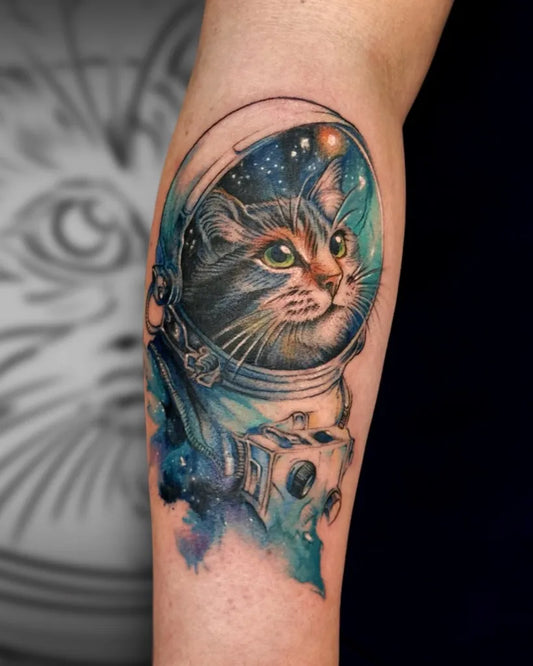 Medium New School Cat Astronaut Tattoo on Women Arm by @inkedwolfie