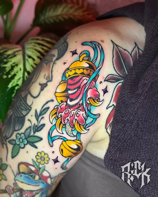 Medium New School Cat Bell Claw Tattoo on Women Shoulder by @rickironclaw