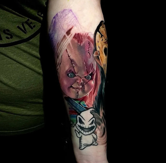 Medium New School Chucky Ghostface Oogie Boogie Horror Tattoo on Men Arm by @brianeberletattoos