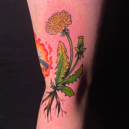 Medium New School Dandelion with Flames Tattoo on Women Arm by @mo.law.ink