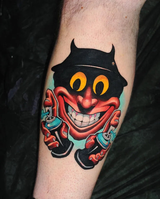 Medium New School Demon Graffiti Artist Cartoon Tattoo on Men Arm by @klark_tattoo