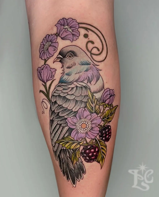 Medium New School Dove and Flowers Nature Tattoo on Women Arm by @livcarotattoo