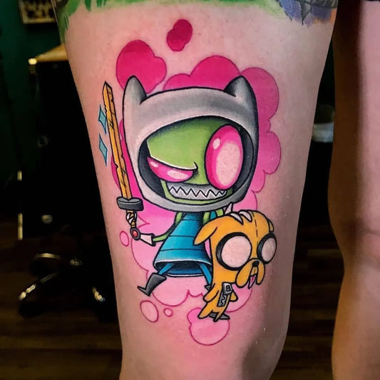 Medium New School Finn and Jake Tattoo on Women Thigh by @unluckycharm