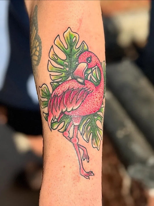 Medium New School Flamingo Monstera Men Arm by @inkbydoss