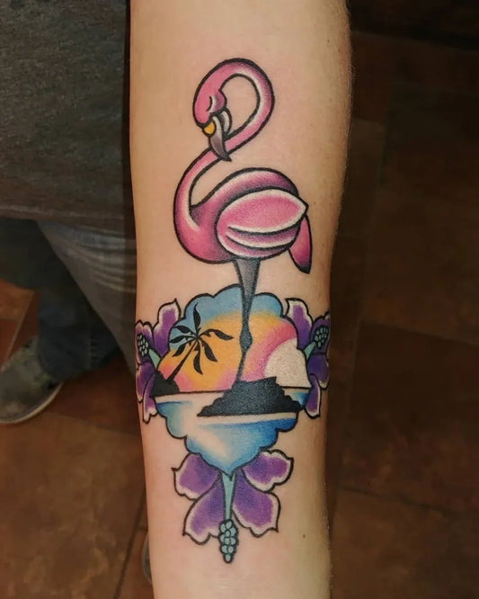 Medium New School Flamingo Palm Tree Sunset Tattoo on Women Arm by @bafluffnstabs