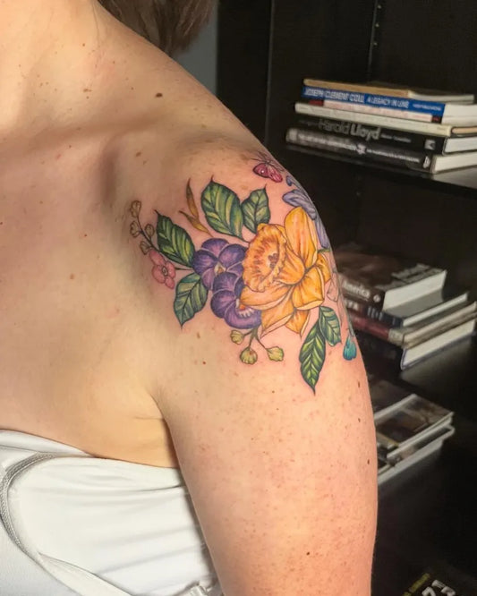 Medium New School Floral Design Tattoo on Women Shoulder by @inkbyhannah