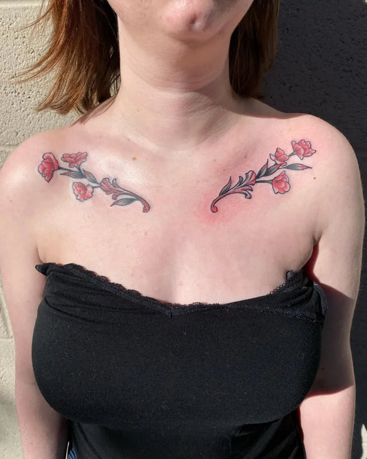 Medium New School Flowers Tattoo on Women Collarbone by @jarom.the.tattooer