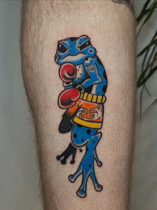 Medium New School Frog Boxer Tattoo on Men Leg by @weekendghost