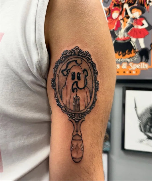 Medium New School Ghost Mirror Tattoo on Men Arm by @h_hazardtattoos