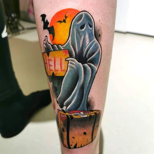 Medium New School Ghost with Hotel Sign and Bats Tattoo on Women Leg by @toofastclothing